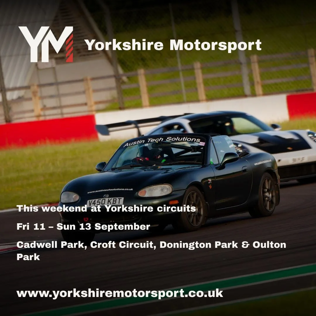 A generated Yorkshire Motorsport weekend digest card: the site logo, a trackday photo, and a list of the circuits with events that weekend