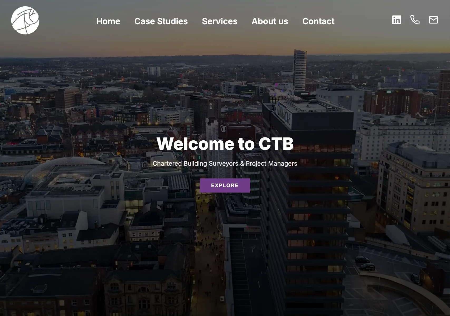 CTB homepage: chartered building surveyors and project managers, over an aerial view of Leeds