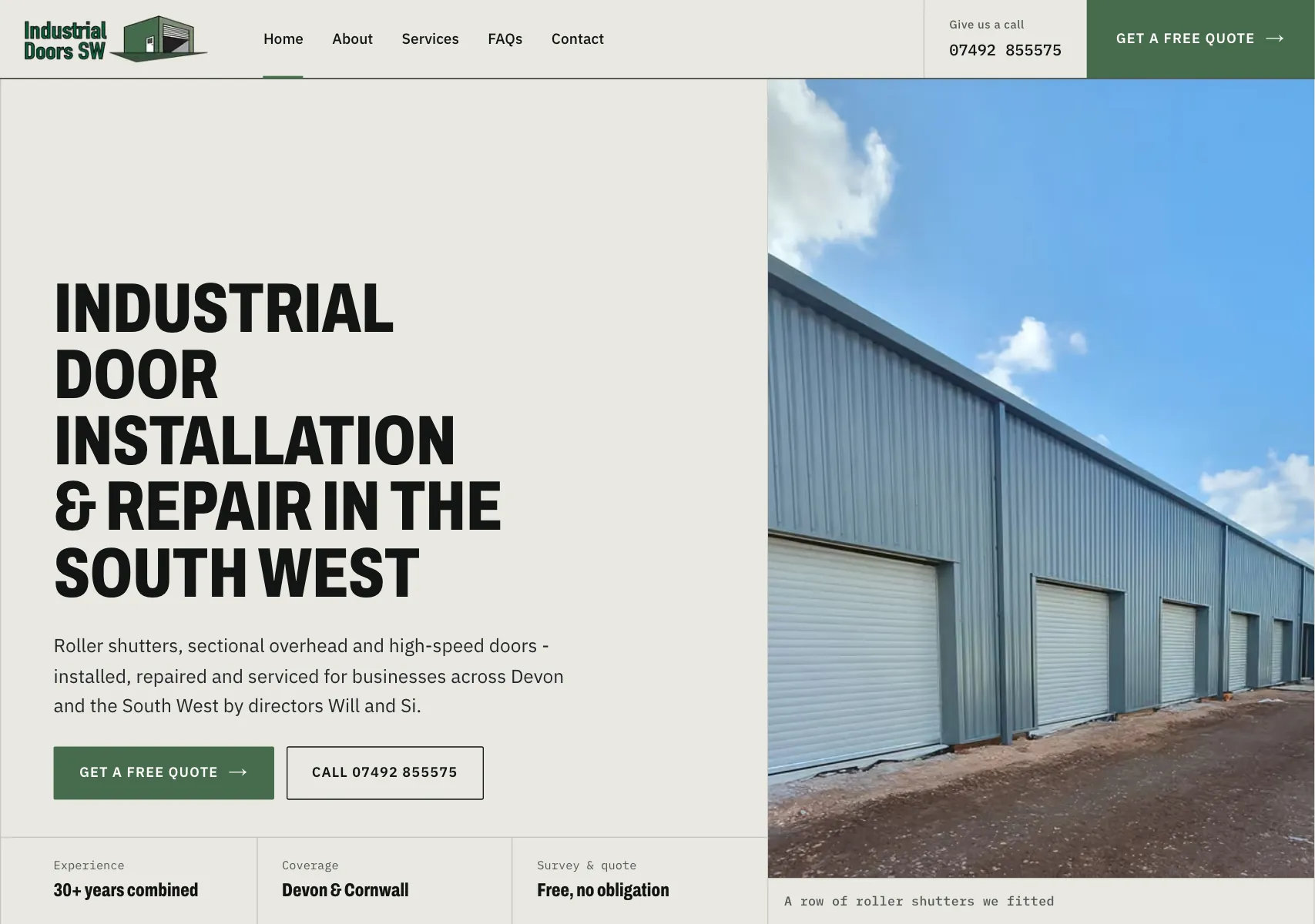 Industrial Doors SW homepage: industrial door installation and repair in the South West, with quote and call buttons