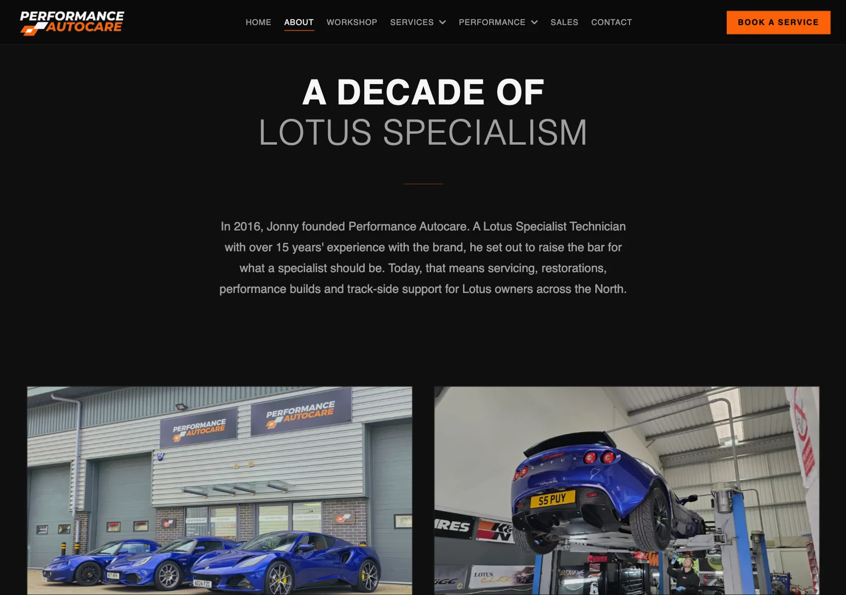 Performance Autocare about page: photo grid of Lotus cars at the workshop