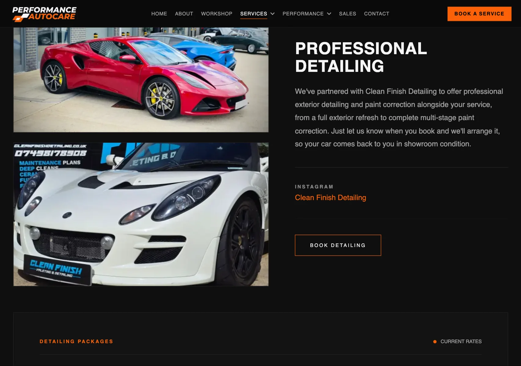 Performance Autocare services page: professional detailing with a partner detailer