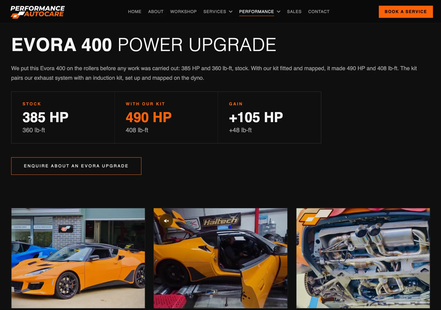 Performance Autocare Evora upgrade page: stock versus upgraded horsepower figures and build photos