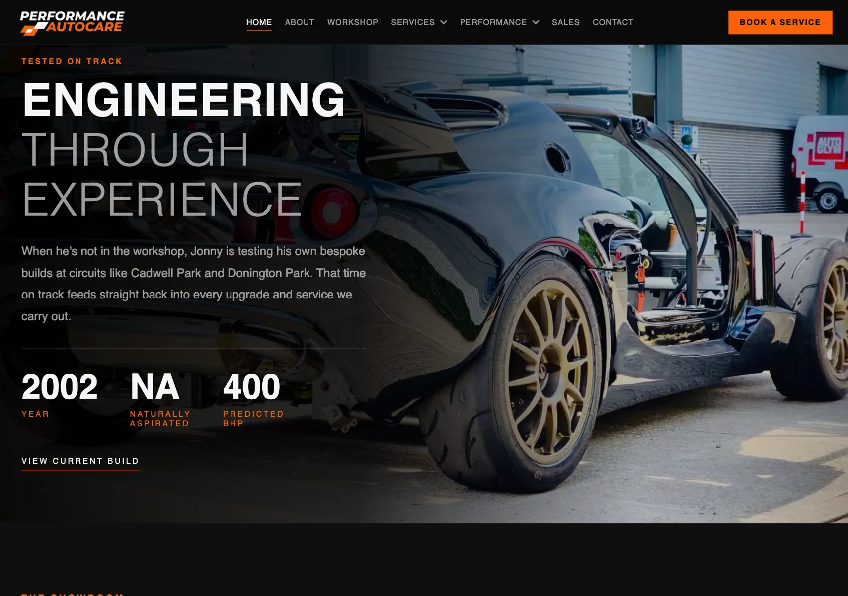 Performance Autocare homepage track section: a Lotus Exige build with year, engine and power figures