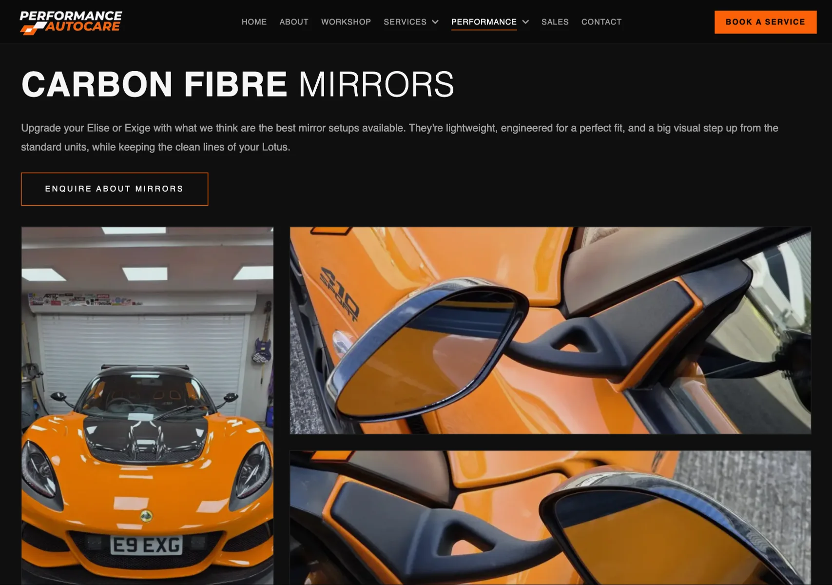 Performance Autocare performance page: carbon fibre mirrors for the Lotus Elise and Exige
