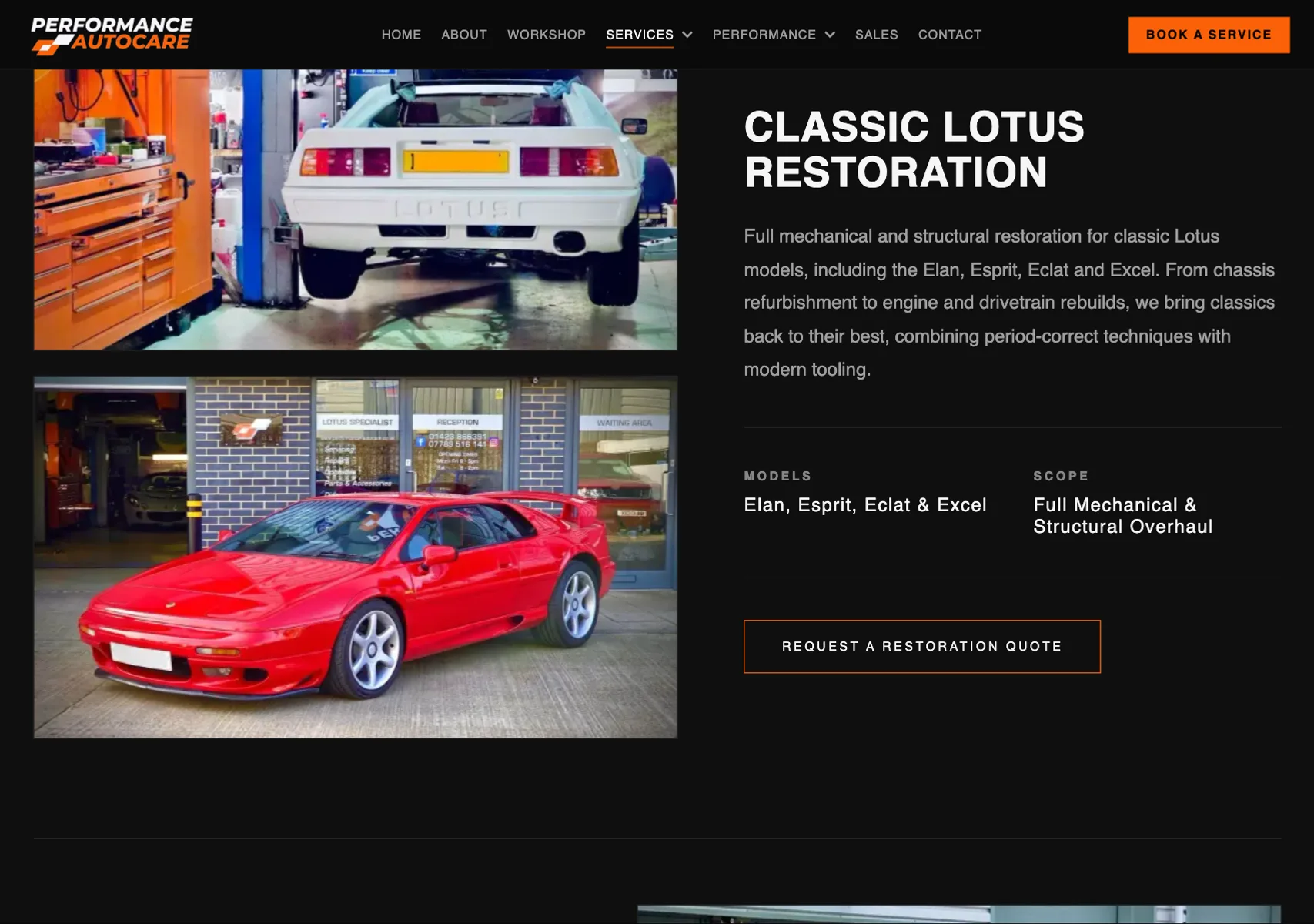 Performance Autocare services page: classic Lotus restoration for the Elan, Esprit, Eclat and Excel