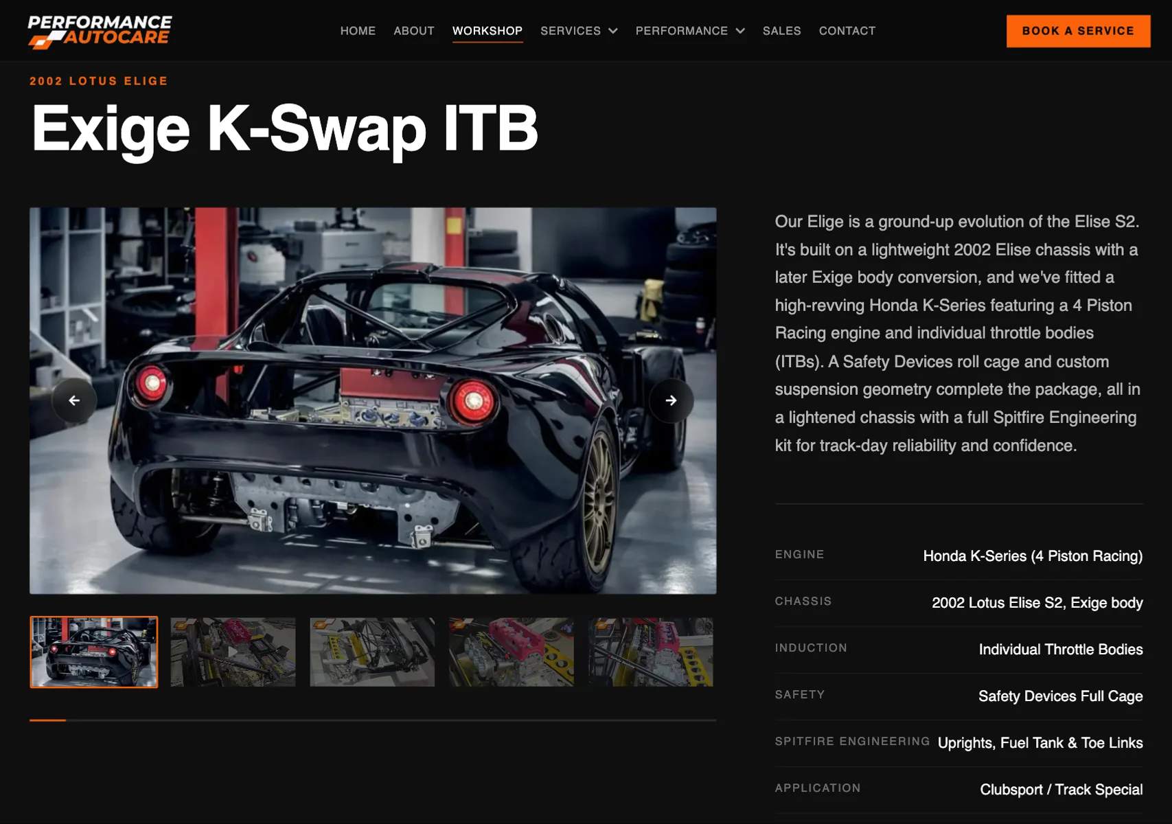 Performance Autocare build page: a Honda K-swap Lotus Exige with photo carousel and spec list