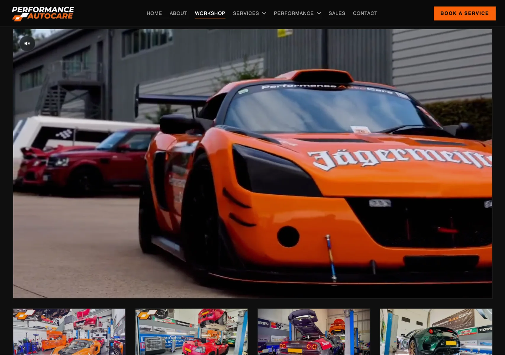 Performance Autocare workshop page: gallery of cars on lifts inside the workshop