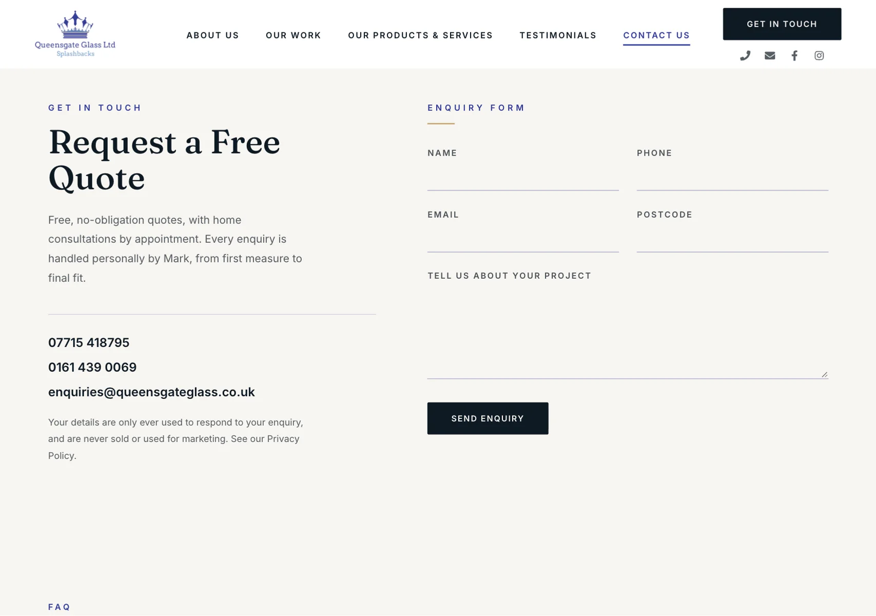 Queensgate Glass contact page: free quote form beside phone numbers and email