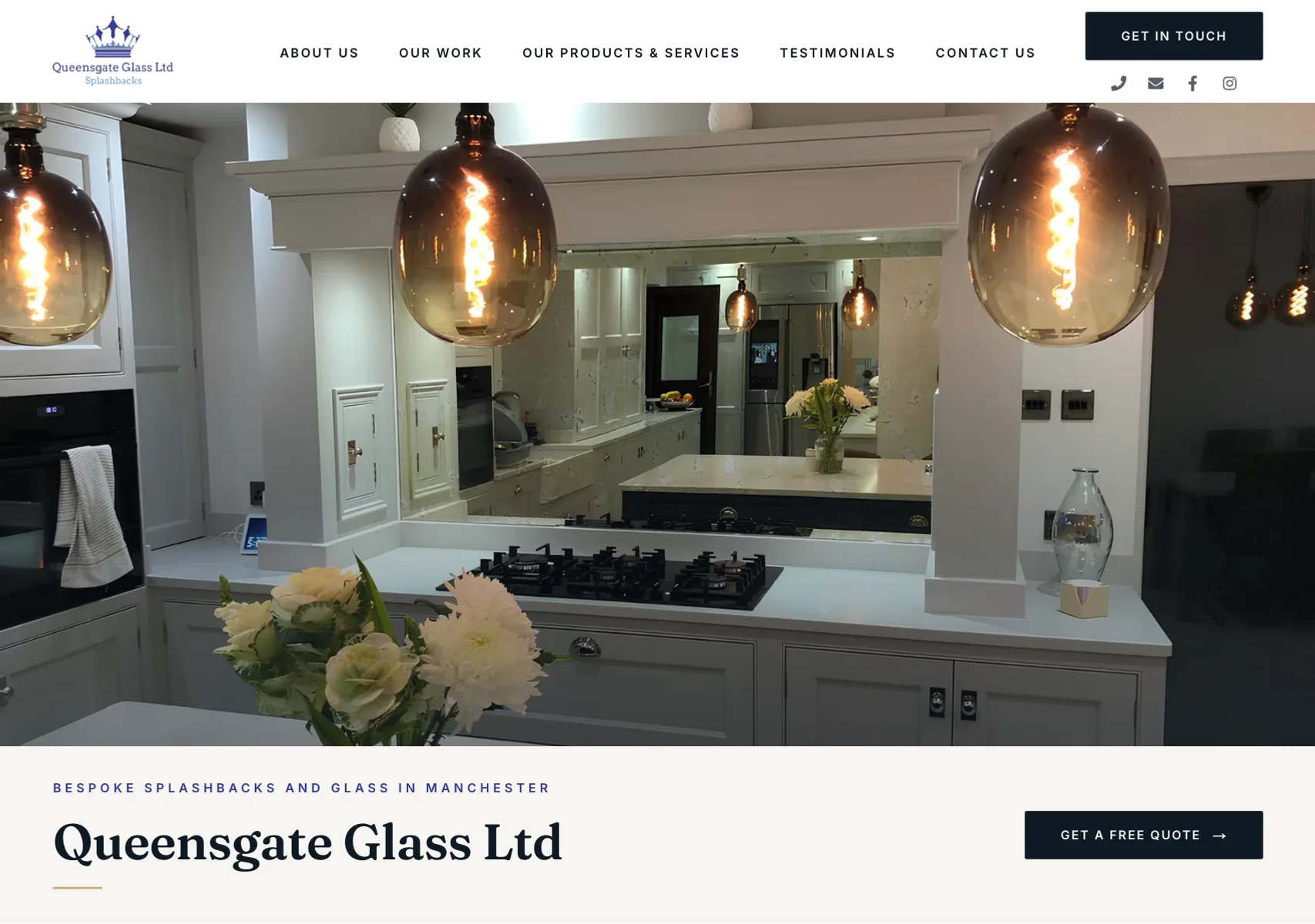 Queensgate Glass homepage: bespoke splashbacks and glass, over a photo of a fitted kitchen