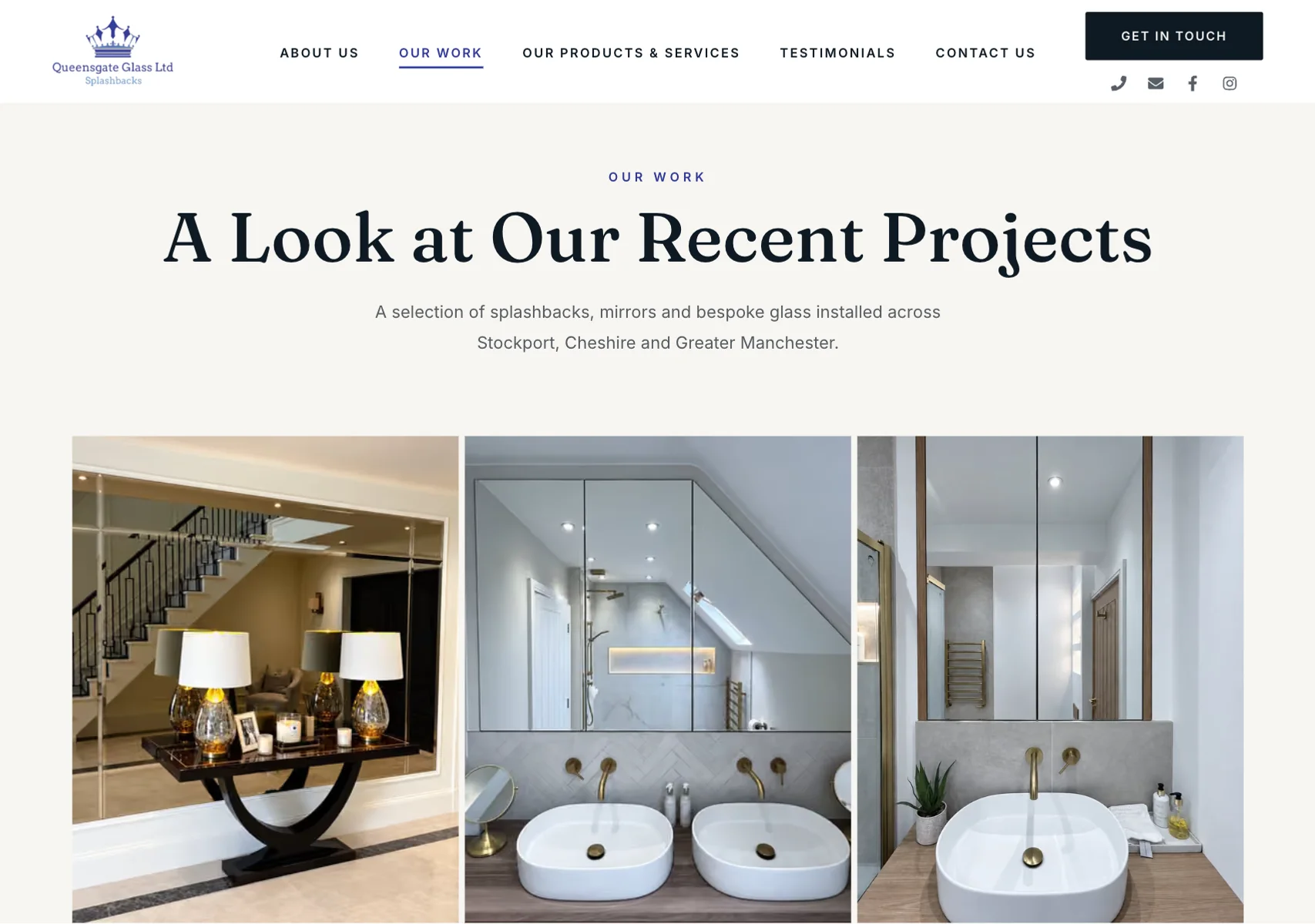 Queensgate Glass recent projects page: mirrors and glass installed across Stockport and Cheshire