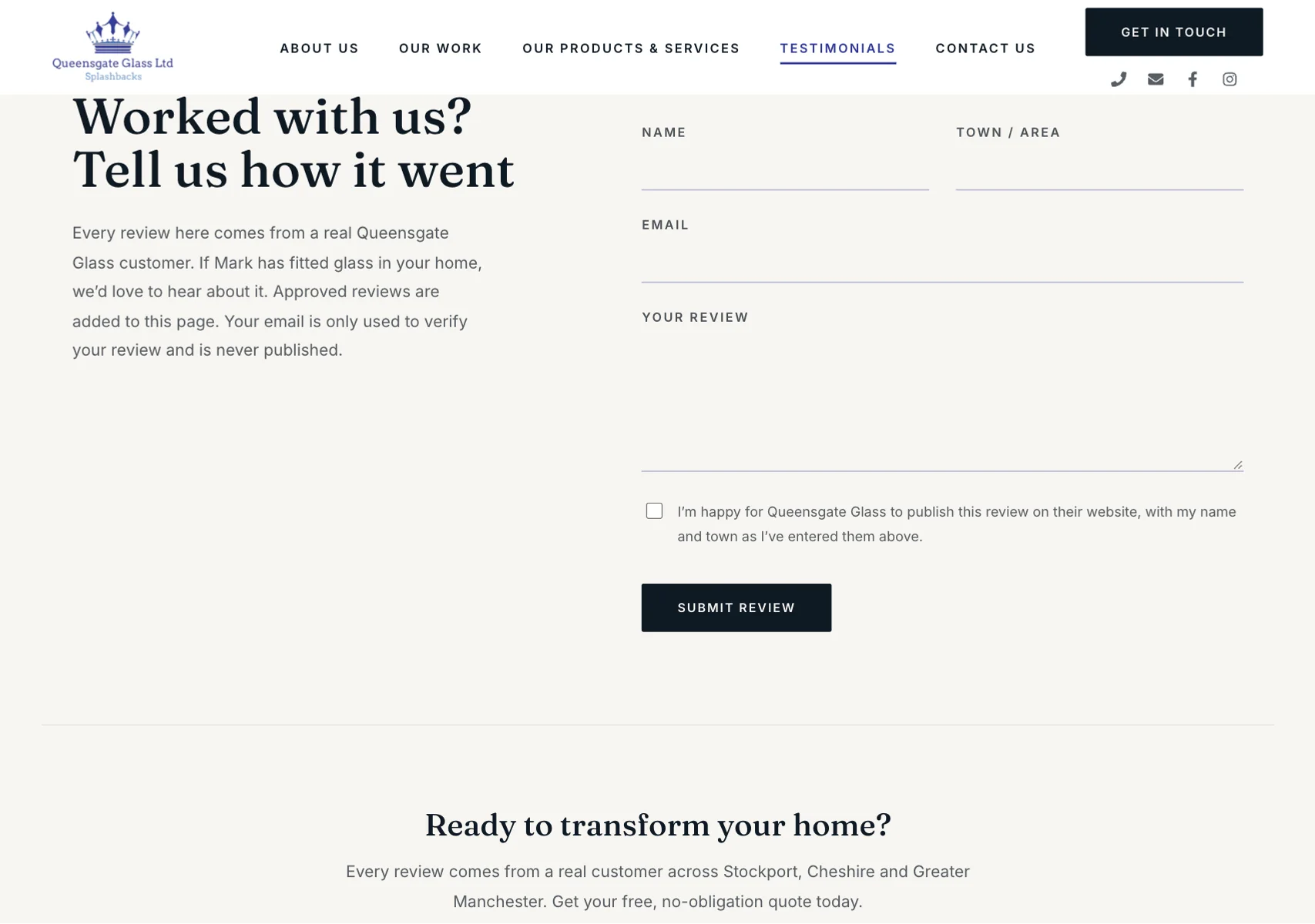 Queensgate Glass review form: customers can leave their own review