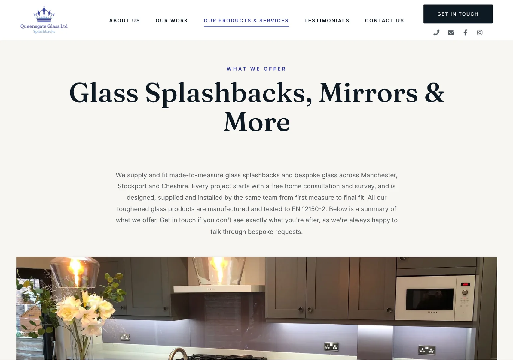 Queensgate Glass products and services page: toughened glass splashbacks