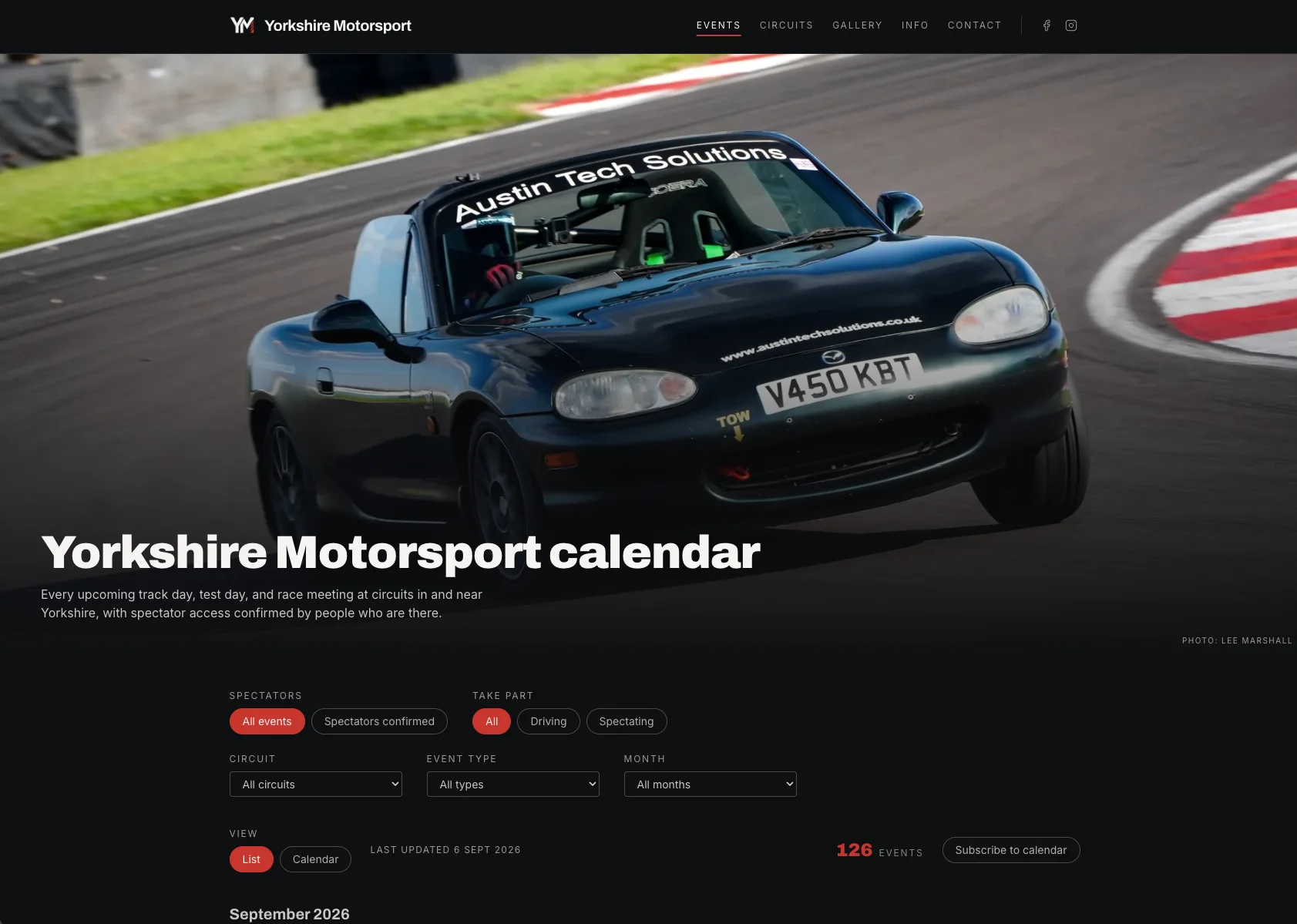 An event page on Yorkshire Motorsport, showing the Share button and other actions