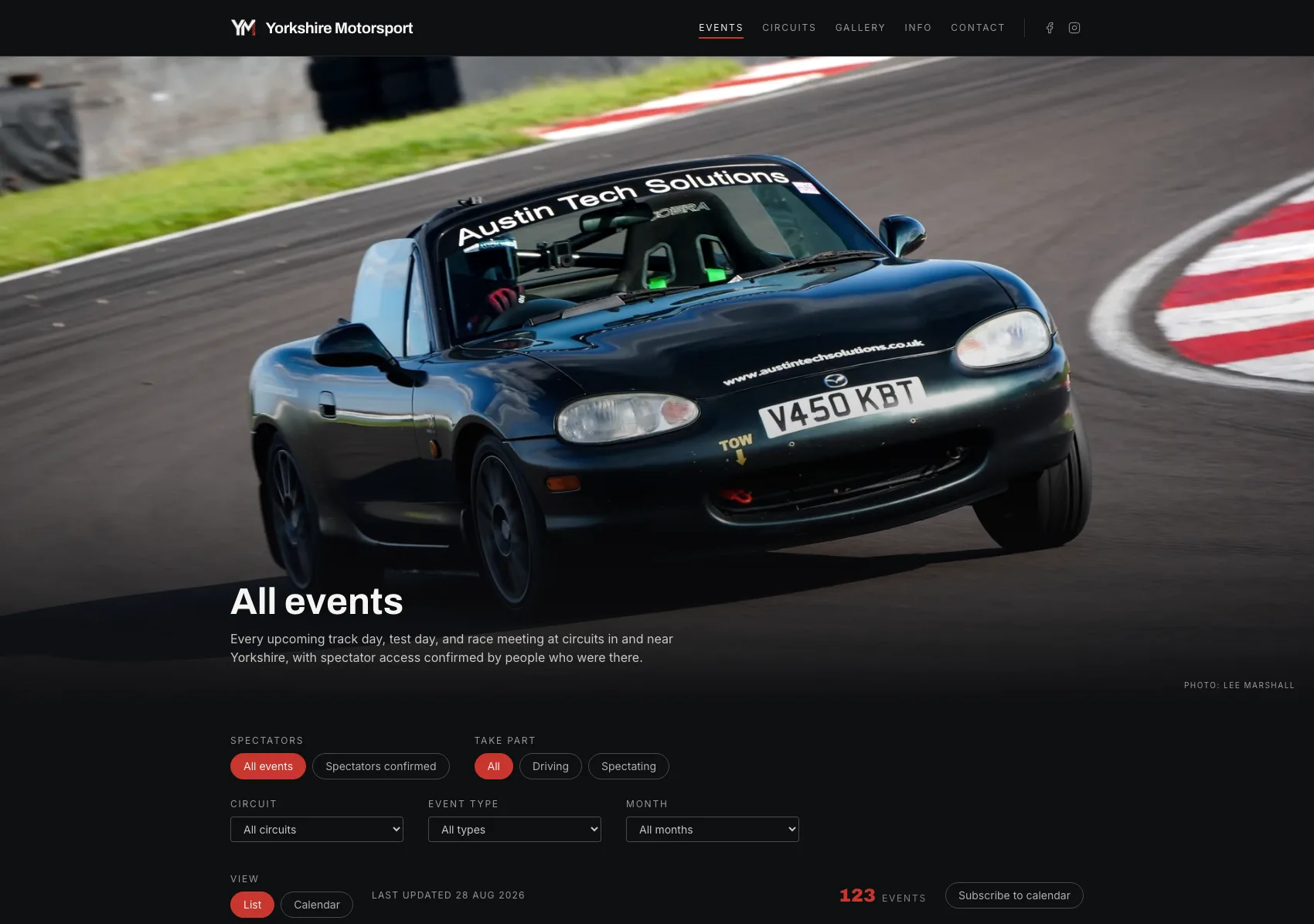 An event page on Yorkshire Motorsport, showing the Share button and other actions