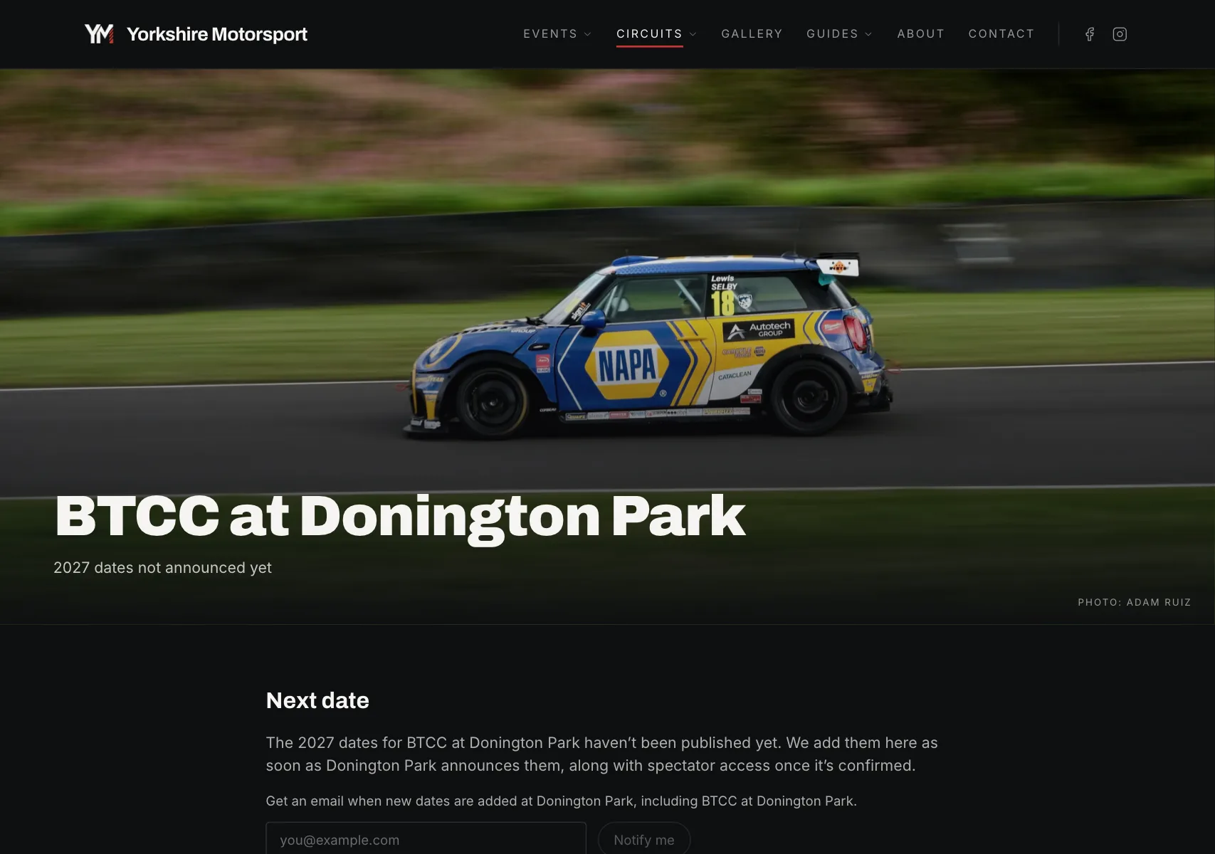 Yorkshire Motorsport's permanent BTCC page for Donington Park, with a sign-up for date alerts