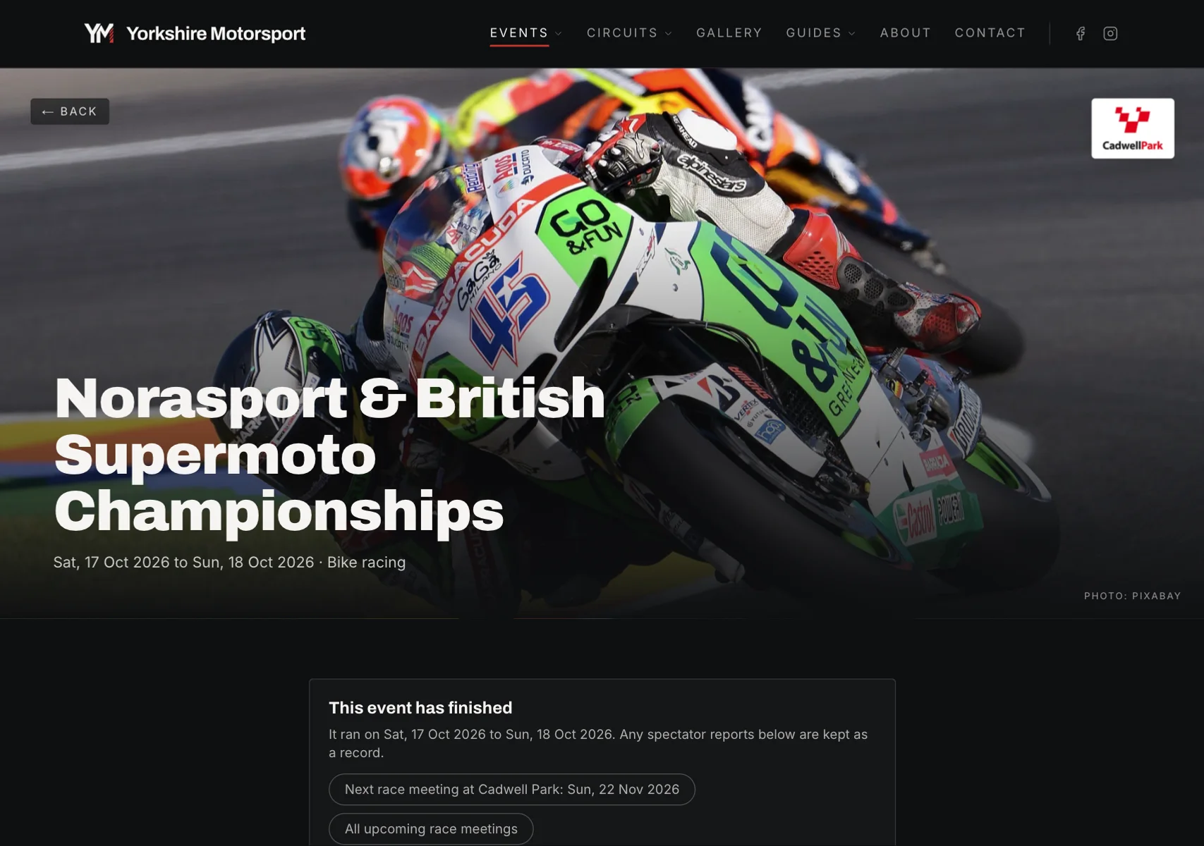 An event page on Yorkshire Motorsport, showing the at-a-glance panel with forecast, track hours and noise limit