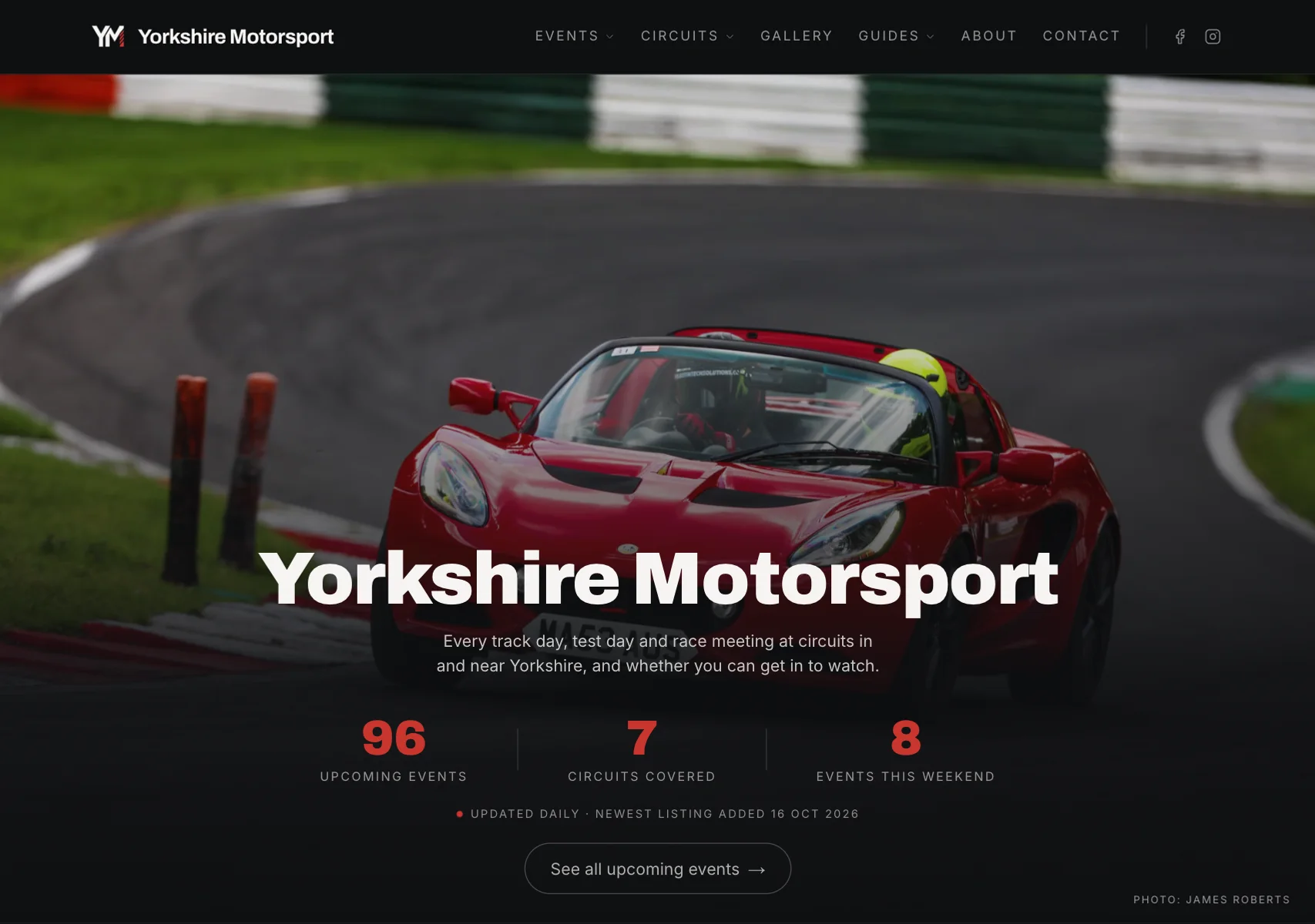 Yorkshire Motorsport homepage: upcoming events and circuits covered, over a photo of a car on track