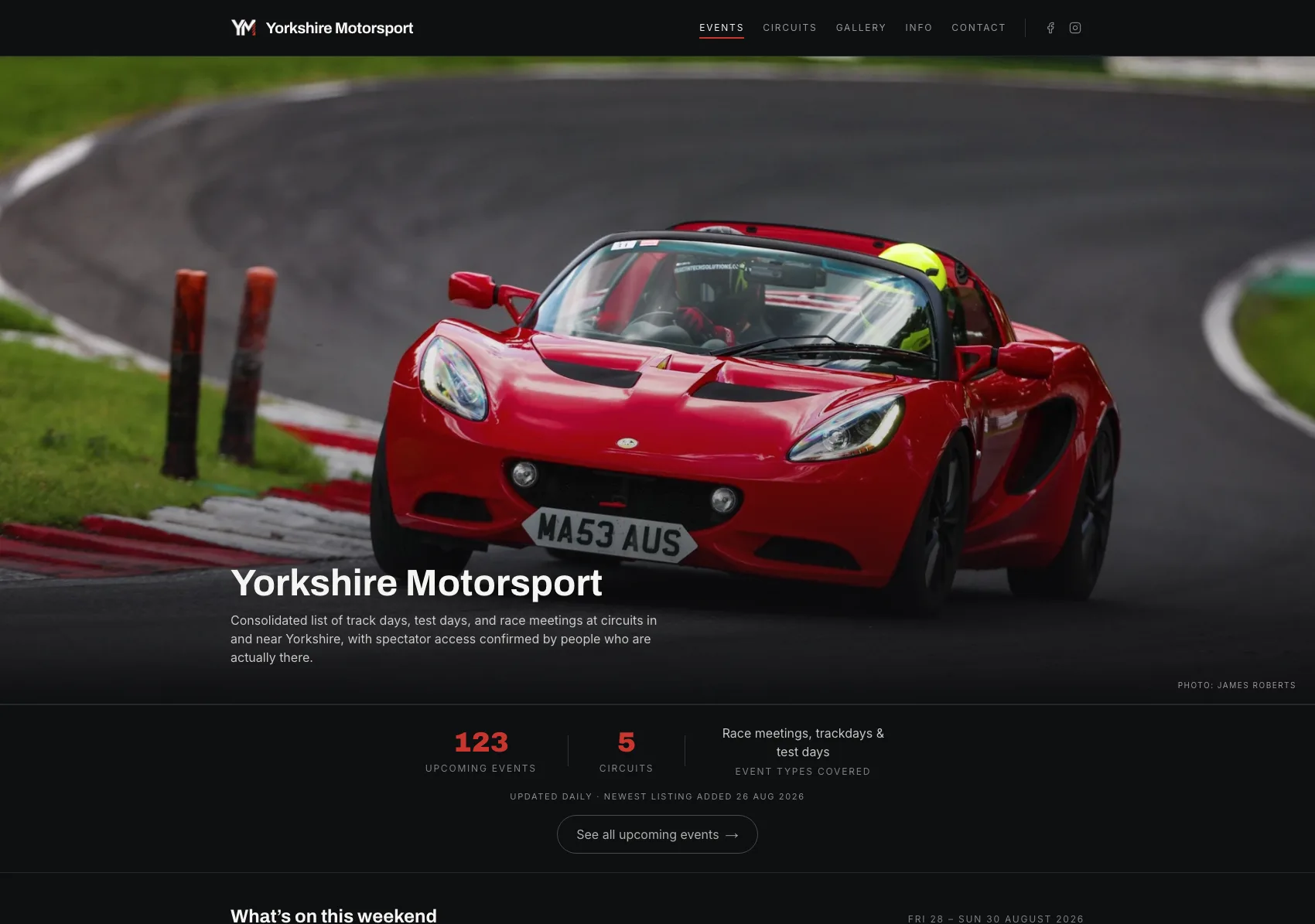 Yorkshire Motorsport homepage, showing the consolidated event calendar